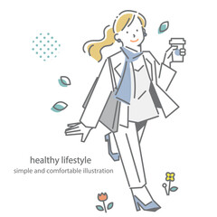 健やかな笑顔で出勤する女性　シンプルでお洒落な線画イラスト