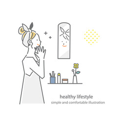 洗面所で笑顔でスキンケアをする女性　シンプルでお洒落な線画イラスト