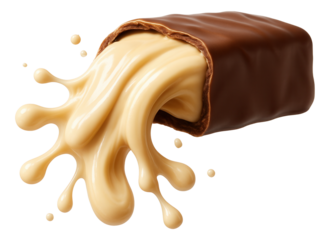 Creamy nougat spilling from a cracked candy bar shell.