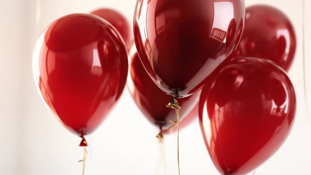Close-up of shiny red balloons with gold ribbons floating against a white background.