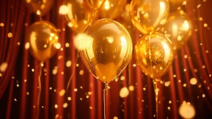 Shiny gold balloons with falling confetti against a luxurious red curtain backdrop. - Powered by Adobe