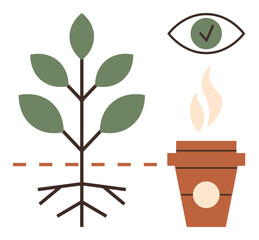 Growing plant with roots, steaming coffee cup, check-marked eye. Ideal for sustainability, eco-awareness, growth, mindfulness, decision-making environment balance. Simple flat metaphor