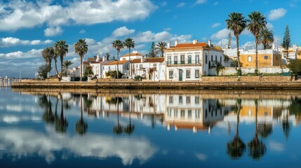 Fototapeta premium A picturesque village with white houses and palm trees, reflecting in a calm body of water under a blue sky with white clouds.