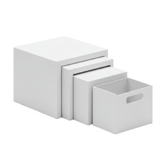 Fototapeta premium Three minimalist, matte white, geometric nesting storage boxes, partially nested on a transparent studio background with shadowless high-key lighting, concept of modern product design and utility
