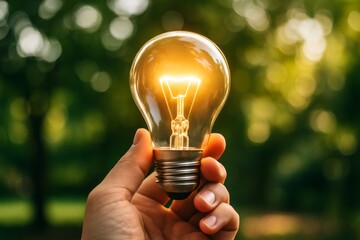 Hand holding glowing light bulb outdoors against green bokeh background symbolizing idea, creativity and sustainable energy