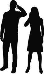 Silhouette man and woman standing, business people thinking, colleagues stressed, problem solving, decision making, workplace confusion, brainstorming challenge, corporate teamwork, thoughtful pose