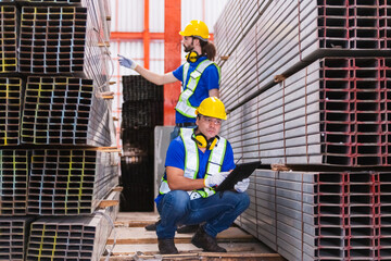 Steel material inspection concept. Warehouse workers in safety gear check and record inventory of stacked metal sheets using a digital tablet during a logistics audit or industrial operation.