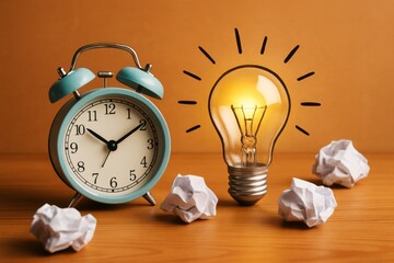 Vintage teal alarm clock and glowing light bulb on orange background with crumpled paper symbolizing time and creative ideas