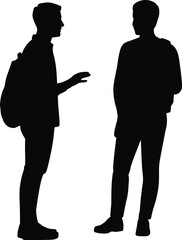 Two young men silhouette, standing with backpacks, student conversation, outdoor meeting, friendship bonding, casual talk, campus lifestyle, travel discussion, learning exchange, youth interaction