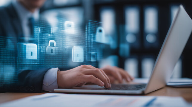 A business man working on a laptop with glowing lock symbols, representing data protection, cybersecurity, privacy, and secure digital operations. - Powered by Adobe