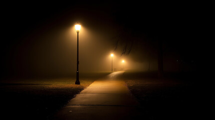 A foggy night path softly illuminated by two glowing lamps, creating a mysterious, atmospheric, and tranquil scene of quiet solitude.