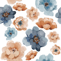set of flowers on a white background. Seamless watercolor background. 