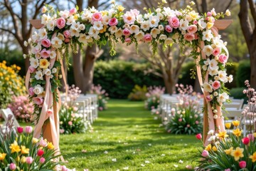 Fototapeta premium a spring floral arch with cherry blossoms tulips daffodils and silk ribbons on light wooden frames bringing a bright and cheerful mood for a daytime garden wedding celebration