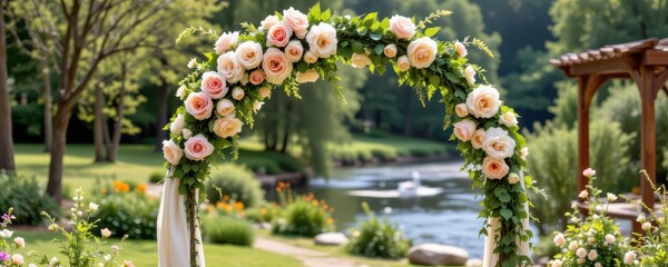 a romantic riverside floral arch crafted from birch logs wrapped in soft muslin adorned with blush roses hydrangeas and ivy creating a peaceful setting for an outdoor wedding