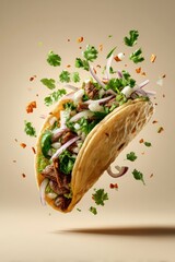 Mouthwatering beef taco with fresh vegetables and herbs captured mid-air with vibrant background: a culinary masterpiece that's perfect for foodies and gourmet enthusiasts.