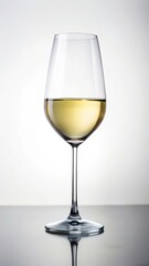 Elegant Wine Glass Filled with White Wine on White Background Studio Shot Close Up Minimalist Style