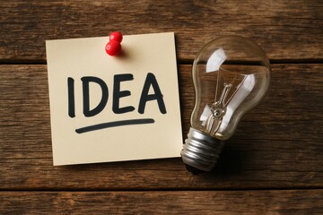 Word IDEA spelled with letter tiles pinned to corkboard alongside vintage incandescent light bulb on wooden surface symbolizing creativity and innovation concept