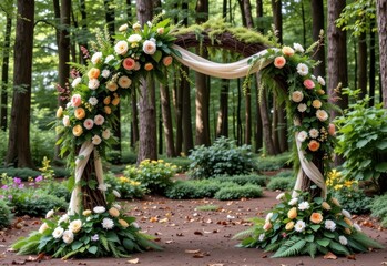 a forest inspired floral arch built from branches moss ferns and wildflowers with fabric draping creating an enchanted woodland theme perfect for intimate celebrations