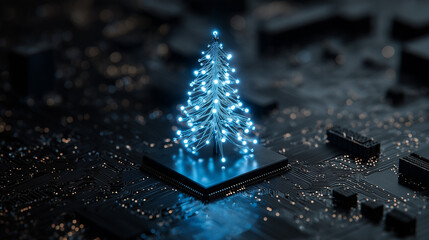 Abstract christmas tree in circuit network digital technology electronic concept. Vector illustration . Glowing xmas tree from Dark Circuit Board , blue lights