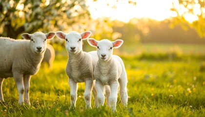 Obraz premium Three lambs in a spring pasture at sunset
