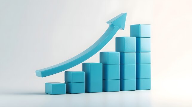 Blue arrow graph showing upward trend and stacked cubes representing growth