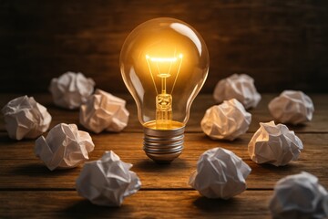 Glowing antique light bulb placed among rough stones on rustic wooden surface highlighting innovation, bright ideas and inspiration concept