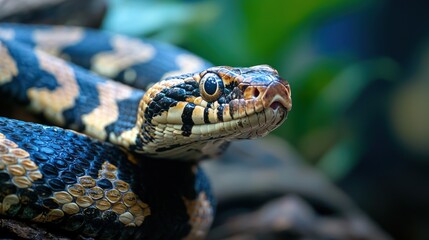 Fototapeta premium A blue and black snake with a yellow stripe on its head, coiled around a branch with its head raised, surrounded by green foliage in the background.