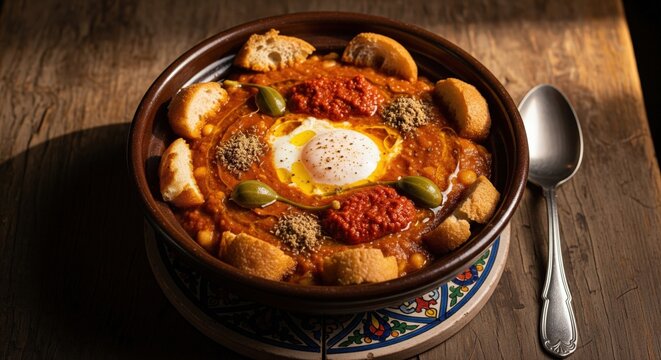 Delicious traditional tunisian lablabi with chickpeas egg and harissa in a rustic clay bowl