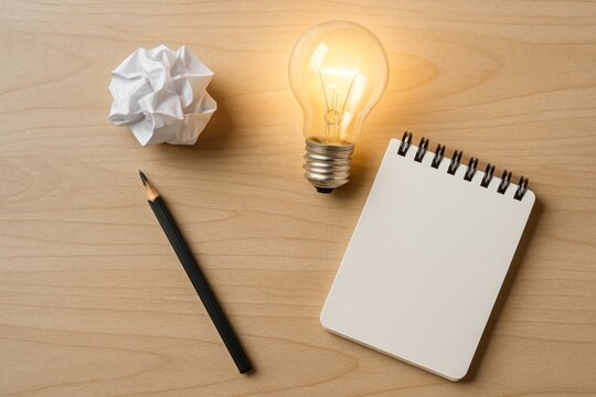 Creative flat lay with glowing light bulb, blank spiral notebook, pencil and crumpled paper on brown desk for brainstorming - Powered by Adobe