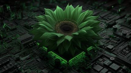 A glowing green sunflower emerges from a dark circular background, creating a surreal, luminous, and strikingly futuristic floral visual.