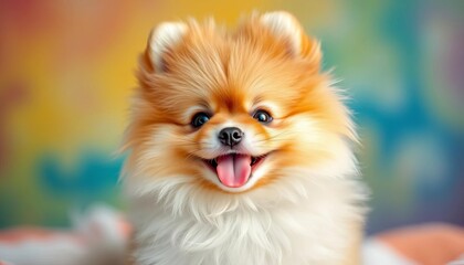 Fluffy Pomeranian puppy, pink tongue out, adorable expression,  small,  canine