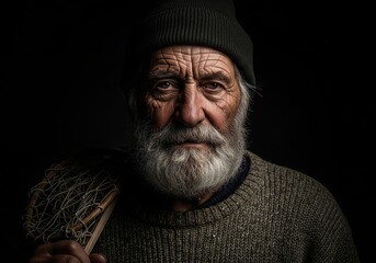 Dramatic portrait of an old fisherman with a white beard and a fishing net on his shoulder