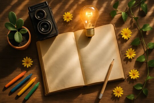 Flat lay with open blank notebook, vintage camera, succulent plant, colored pencils, star fairy lights and fountain pen on rustic wooden table
