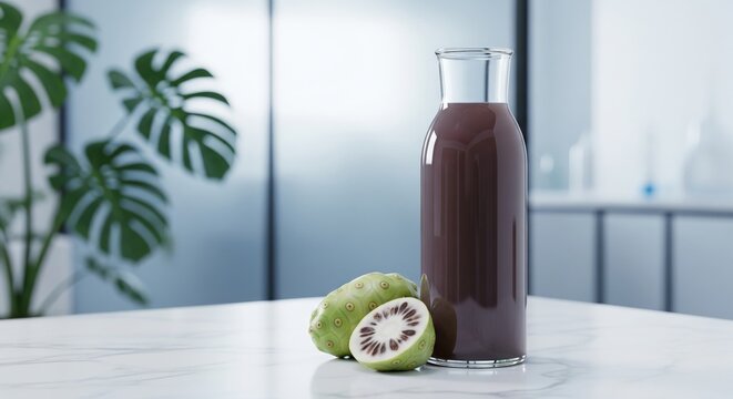 Bottle of noni juice with fresh noni fruit on a white marble table in a modern setting