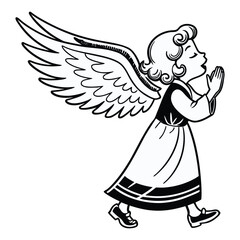 Beautiful vector illustration of a flying Christmas angel with wings, holding a heart and a trumpet