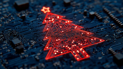 Abstract christmas tree in circuit network digital technology electronic concept. Vector illustration . Glowing xmas tree from Dark  Circuit Board