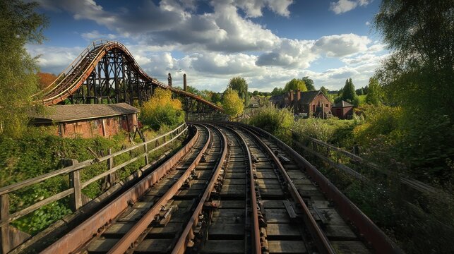 An old, abandoned roller coaster track with rusted rails and a wooden roller coaster structure in the background, surrounded by greenery and a cloudy sky.