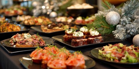 Elegant Christmas buffet with gourmet appetizers and festive decor