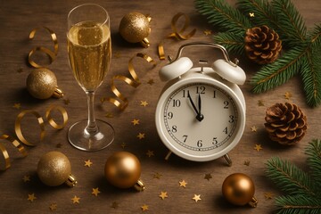 Classic alarm clock with festive decorations and champagne glasses on rustic wooden table for New Year's celebration