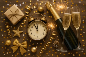 Luxurious New Year's Eve flat lay with golden gift box, champagne bottle, champagne flutes, vintage clock and star ornaments on glittering background