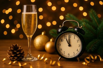 Festive New Year's Eve still life with champagne flutes, vintage alarm clock, gold ornaments, pine cones and bokeh lights