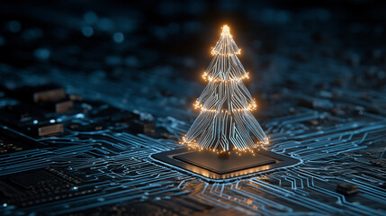 Abstract christmas tree in circuit network digital technology electronic concept. Vector illustration . Glowing xmas tree from Dark blue Circuit Board