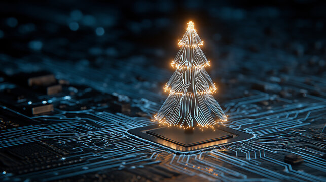 Abstract christmas tree in circuit network digital technology electronic concept. Vector illustration . Glowing xmas tree from Dark blue Circuit Board