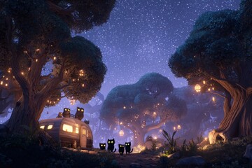 Magical night in an enchanted forest with glowing lanterns, cats, and a caravan under a starry sky, evoking a whimsical and otherworldly atmosphere filled with wonder and mystery.