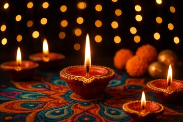 Diwali diya oil lamp with marigold flower and glowing bokeh lights on colourful rangoli pattern for Indian festival of lights celebration