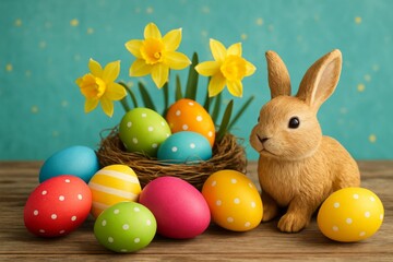 Easter still life with colorful eggs, brown bunny figurine and yellow daffodil flowers isolated on transparent background png