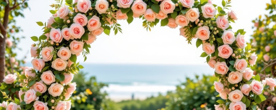 a romantic blush pink and ivory arch with delicate lace patterns and cascading roses producing a soft intimate ambiance for elegant classic weddings