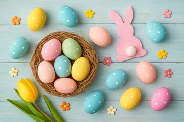 Pastel Easter eggs in a woven nest with bunny cookies and daisies on turquoise background, isolated on transparent background png
