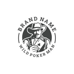 Wild poker man logo in vintage design, classic gambling vibe.