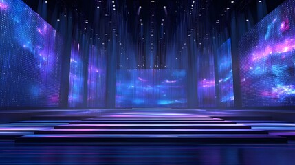LED screen platform - Platform surrounded by large LED screens with abstract digital visuals, modern high-tech feel, 